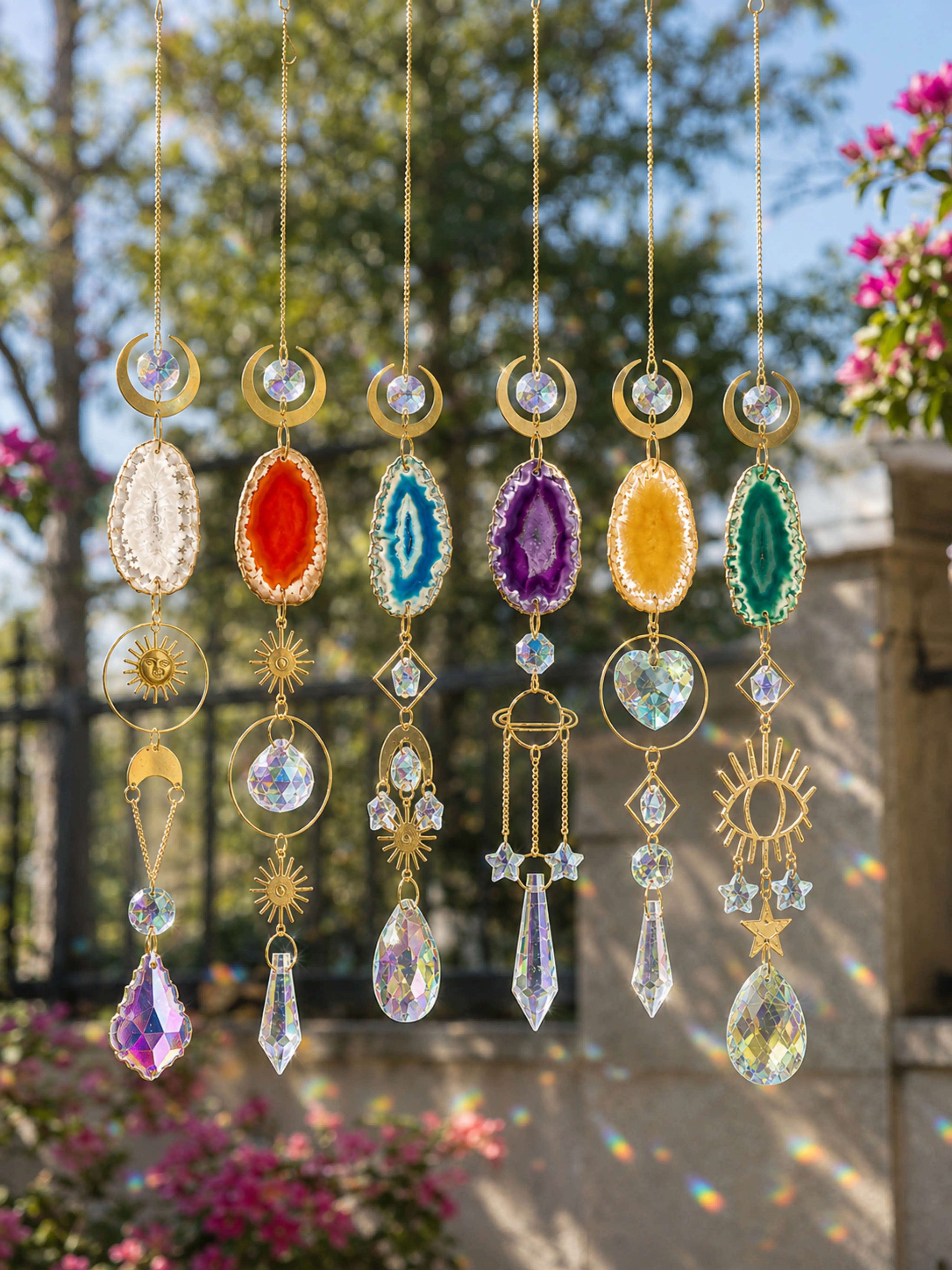 6-piece set of sun and moon crystal light catchers, decorated with colorful agate and gemstones, suitable for window decoration