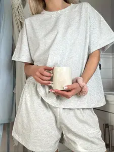 Women's Solid Color Short Sleeve Round Neck Tee & Pocket Elastic Waist Shorts Loungewear Two-Piece Set, Casual Comfy Breathable PJ Set, Loungewear Pjs Set for Daily Home Wear, Ladies Summer Sleepwear