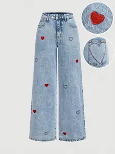 Women's Loose Fit Straight Leg Jeans, Heart Embroidery Design, Casual Denim Jeans for Women, Comfortable & Stylish