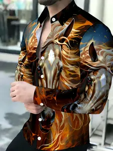 Men's Breathable Lapel Long Sleeve Button-Front Shirt Fiery Horse Pattern