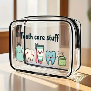 Cute Tooth Care Themed Small Cosmetic Bag for Women, Travel Toiletry Bag with Adorable Dental Patterns, Perfect for Daily Use, Transparent Vanity Bag