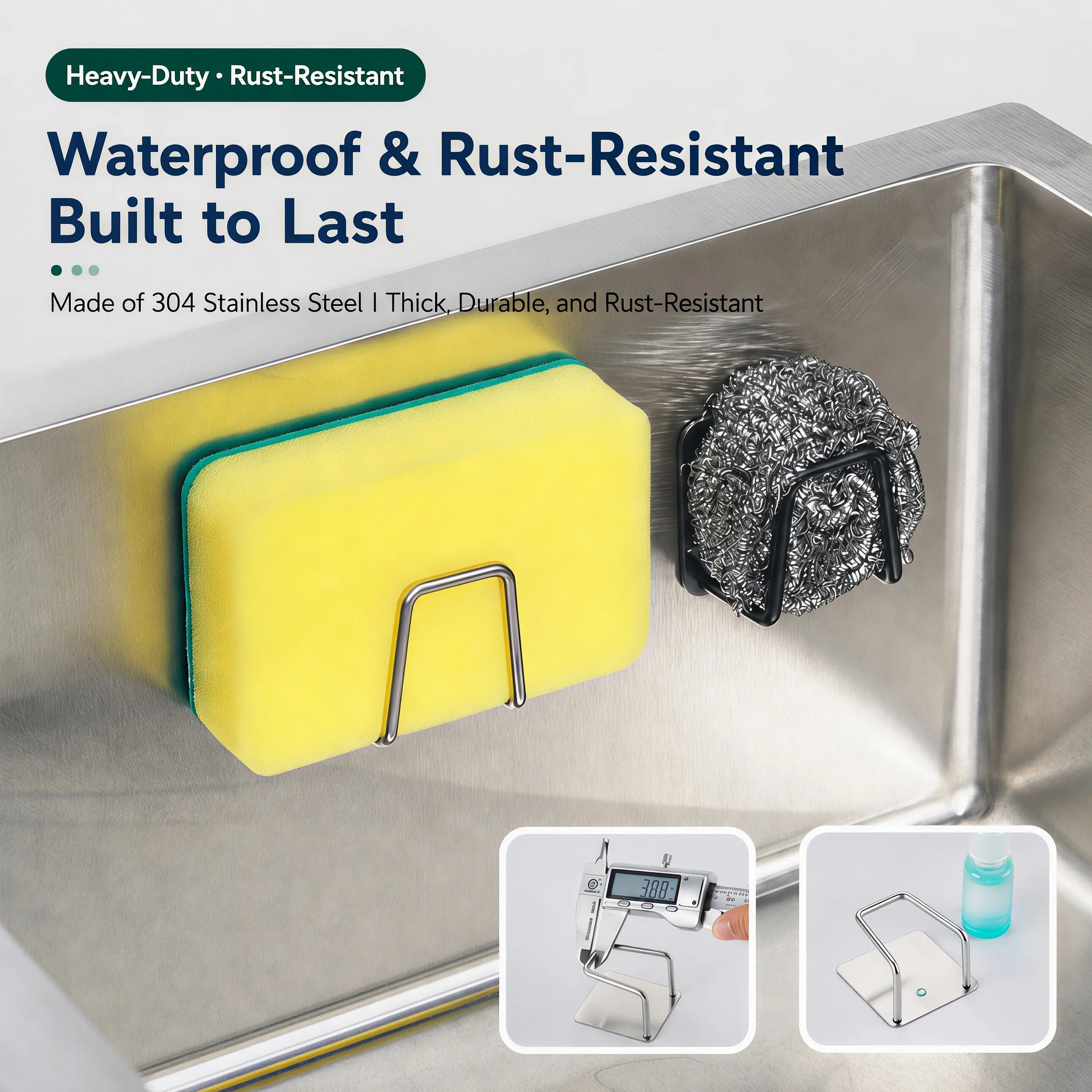 Sponge Holders for Kitchen Sink Adhesive Sponge Holder Sink Caddy Stainless Steel Rust Proof Waterproof, Quick Drying
