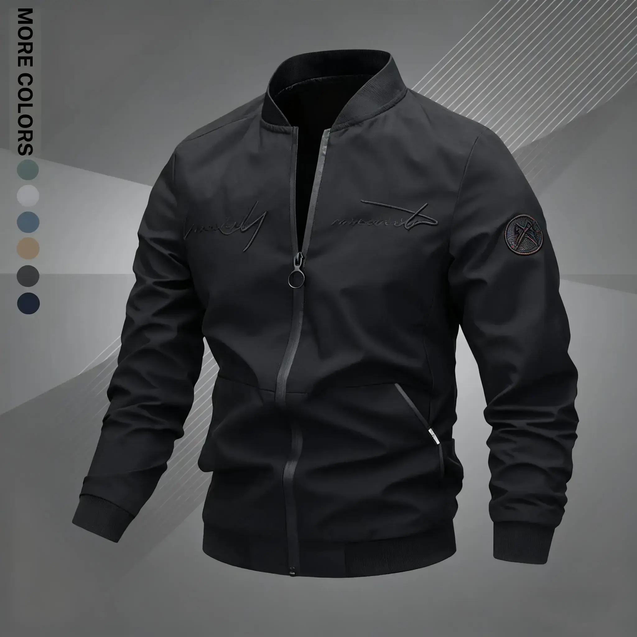 Men's Regular Fit Woven Letter Embroidered Zip-Up Pilot Jacket - Baseball Collar, Long-Sleeve Windproof Polyester Menswear Top, Casual Outerwear for Autumn Winter Daily Use & Travel, Machine Washable