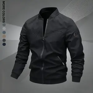 Men's Regular Fit Letter Embroidered Zip Up Pilot Jacket, Autumn Winter Casual Long Sleeve Windproof Baseball Collar Coat, Men's Everyday Wear, Men's Jacket, Black Casual Outdoor Jacket, Suitable for Work, Travel, and Daily Use Machine Washable Polyeste