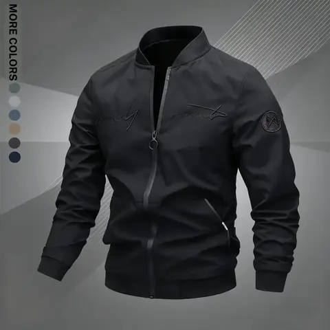 Men's Regular Fit Woven Letter Embroidered Zip-Up Pilot Jacket - Baseball Collar, Long-Sleeve Windproof Polyester Top, Casual Outerwear for Autumn Winter Daily Use, Work & Travel, Machine Washable