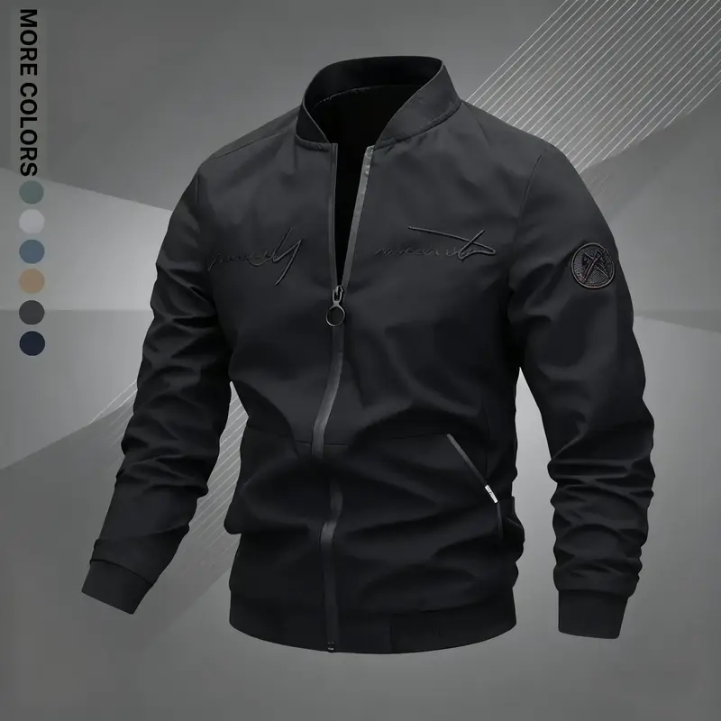 Men's Regular Fit Woven Letter Embroidered Zip-Up Pilot Jacket - Baseball Collar, Long-Sleeve Windproof Polyester Top, Casual Outerwear for Autumn Winter Daily Use, Work & Travel, Machine Washable