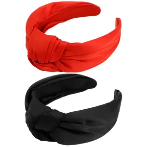 Headband 2 Pack Black, Red - Wide Knotted Headbands for Women. Non Slip Hair Bands, Silk Satin Hair Accessories. Fashion Hair Styling Accessories. Ideal  for Sisters, Girls, Women.