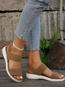 Women's Fashionable Plain Color Slip on Sandals, Casual Comfortable Sandals for Summer, Lightweight Breathable Canvas Flat Bottom Outdoor Slip-on Sandals, Walking Shoes, Flexible Sandals