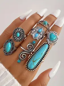 7pcs Turquoise Sunflower Heart Ring Set, Ethnic Style Jewelry for Men and Women, Unique Gift Idea, Perfect for Special Occasions