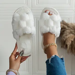 Cozy Hexagonal Plush Winter Slippers for Women and Couples - Elegant Two-Tone Design with Fluffy Faux Fur Trim, Soft EVA Sole, Comfortable Indoor Footwear in Pink, Green, and White, Indoor Slippers