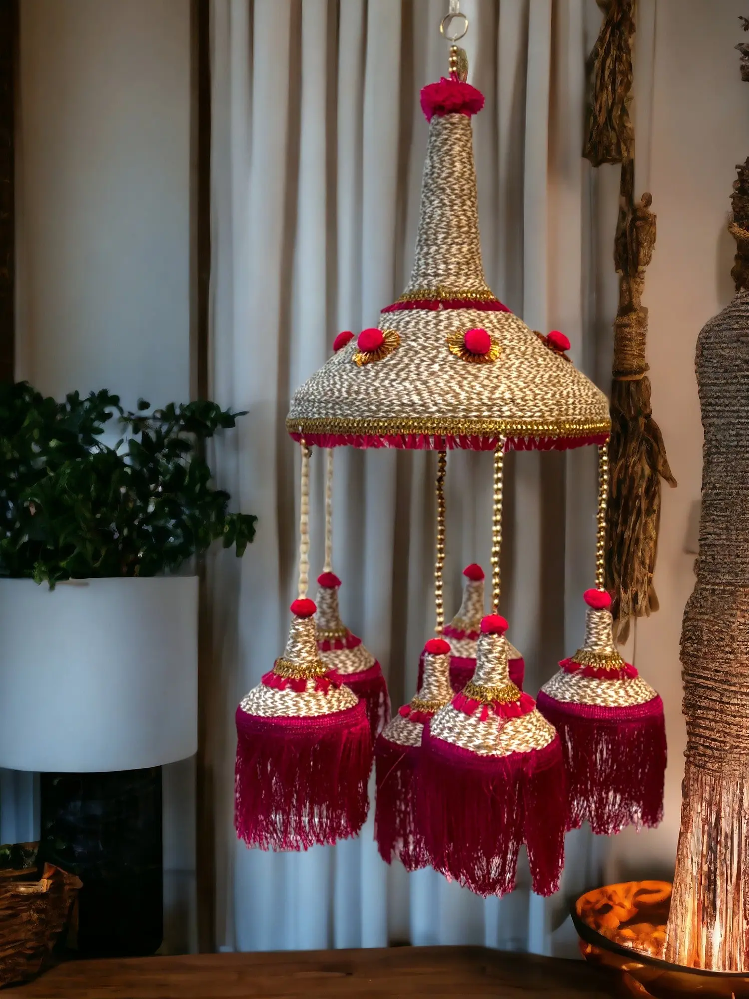Beautiful Single Jute Jhoomer With Pink Pompom And Six Cone Tassels - Beautiful Centerpiece Hanging Decor for Diwali, Eid, Pooja, Wedding