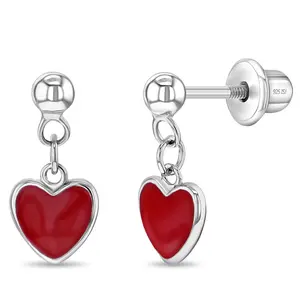 Lovely Heart Dangle Kids / Children's / Girls Earrings Screw Back Enamel - Sterling Silver