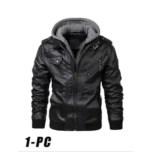 Men’s Fashion Hooded Faux Leather Jacket, Dual Zipper Front Design, Multiple Pockets, Casual & Unique Style Outerwear
