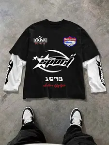 Men's New Spring Autumn Long Sleeve Patchwork Motorcycle Badge Print Casual Fitted Short Top, Unisex Fashion Tee, Streetwear