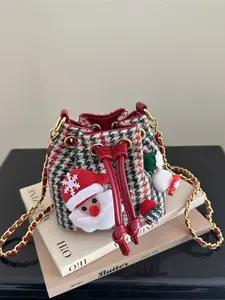 Colorblock Checkered Drawstring Bucket Bag, Fashionable Simple Elegant Versatile Large Capacity Christmas Cartoon Character Shoulder Crossbody Bag