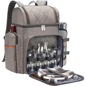 Picnic Backpack for 4, Picnic Basket Set, Leakproof Picnic Bag, Beach Cooler Backpack with Insulated Cooler Wine Pouch,Picnic Blanket, Double Deck Picnic Backpack for Beach,Camping,Park(BrushedKhaki)