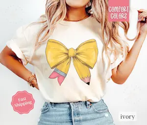 Teacher Pencil Bow Shirt Comfort Colors, Gift for Teacher Appreciation, Back To School Teach Shirt Oversized Crewneck Tee