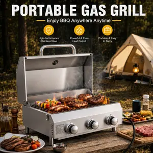 [SummerVibes] BESTFIRE Portable 3-Burner Propane Gas Grill – 30,000 BTU Stainless Steel Tabletop BBQ with Thickened Heavy-Duty Grates and 4 Detachable Legs – Sturdy for Camping, RV, and Backyard Use outdoor barbecue