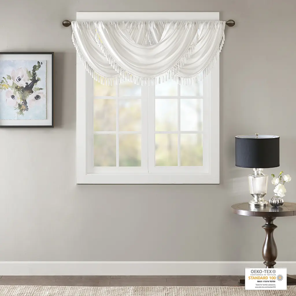 Madison Park Elena Faux Silk Waterfall Embellished Rod Pocket Curtain Valance - OEKO-TEX Certified, Breathable Modern Curtain Valance for Small Windows, 38x46in Window Hanging Accessory, Curtain Valances