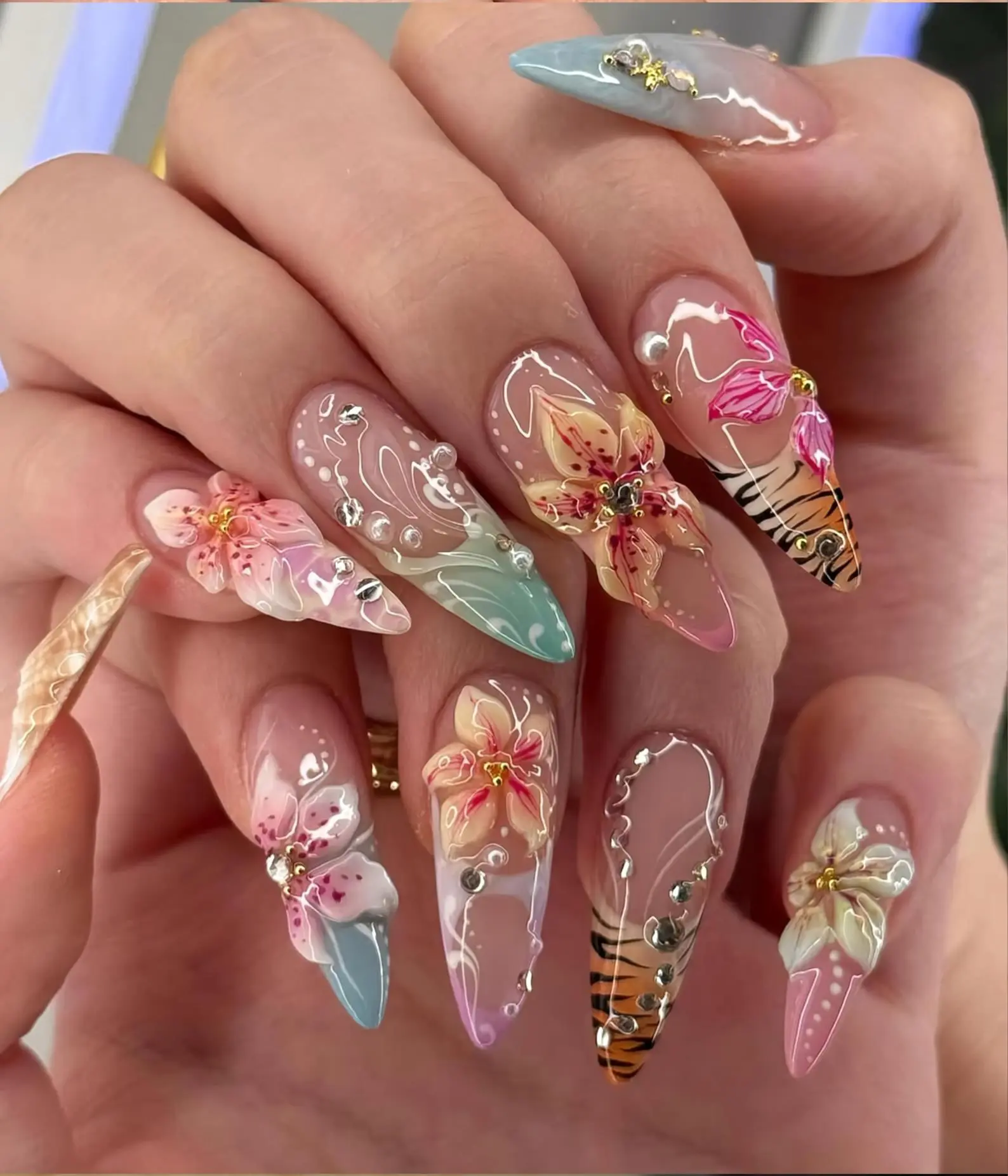 [LIMITED LAUNCH DEAL] Tropical Glam Press On Nails | Floral & Tiger Nail Art | Y2K Pastel Summer Nails | Bold Vacation Nails | Long Stiletto Leopard Nail