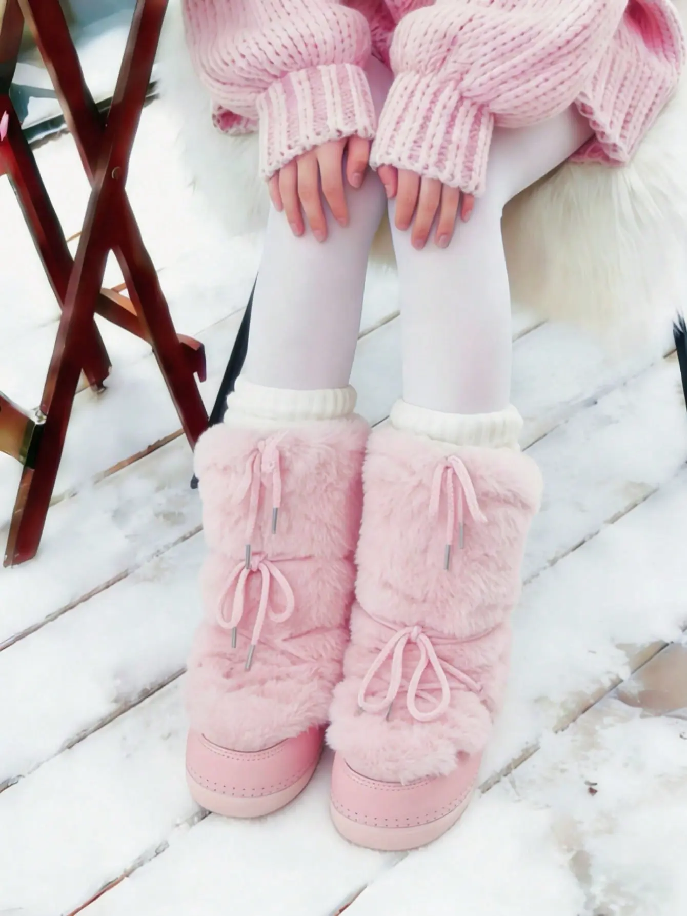 Womens Faux Fur Boots Mid Calf Moon Boots Round Toe Platform Heel Lace Up Fuzzy Warm Comfortable Trendy Fashion Party Dress Vacation Trendy Fluffy Plush Booties