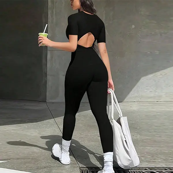 Women's Casual Sports Zipper Front Backless Short Sleeve Tight One-Piece Bodysuit Jumpsuit with Open Back Design for Versatile Wear, Womenswear