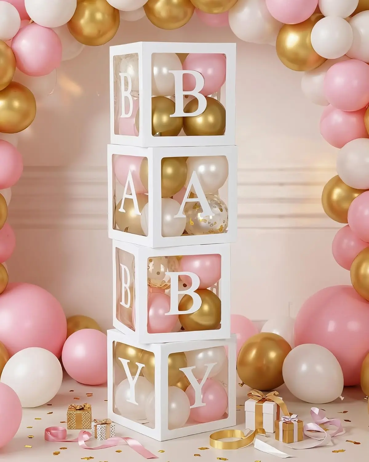 4 Pcs Balloon Boxes with Letters, Transparent Clear Balloon Boxes Gender Reveal Blocks Backdrop Decorations for Gender Reveal Favors Decor (White)