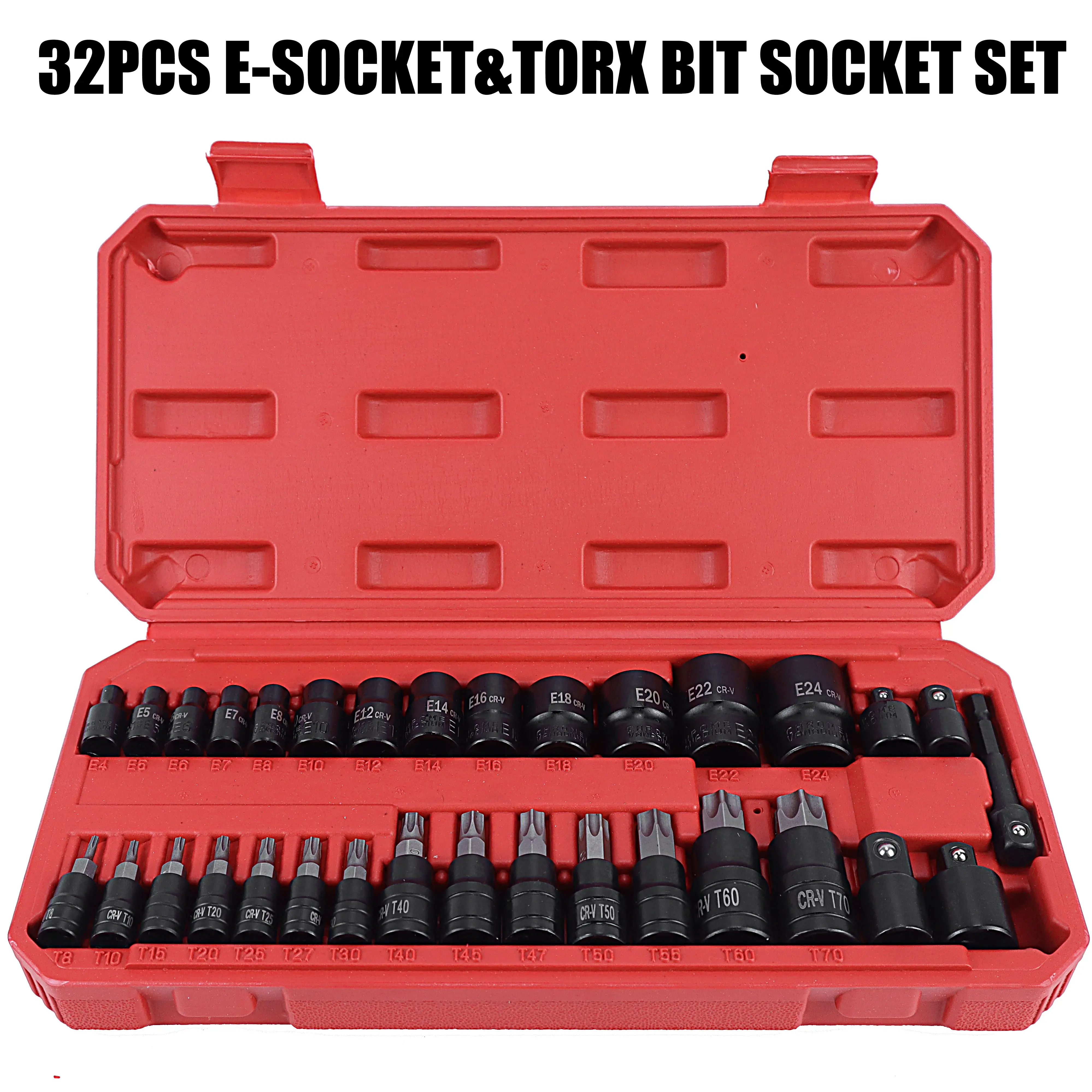 32PCS E-Torx & Star Bit Socket Set - E4-E24 Female Torx, T8-T70 Star Head Sockets, Heavy Duty Square Drive Auto Repair Tool Kit for Mechanical Tasks on Metal Surfaces with Case