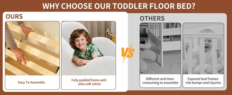 Lilypelle Toddler Bed Frame, Toddler Floor Bed Frame with Extra Safty Broad, Standard Crib Size Toddler Bed, Certified Fabric Toddler Beds Frame, Mattress Not Included