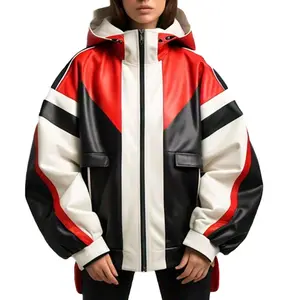 Women's Bold Tri-Color Oversized Suede Leather Hoodie Jacket