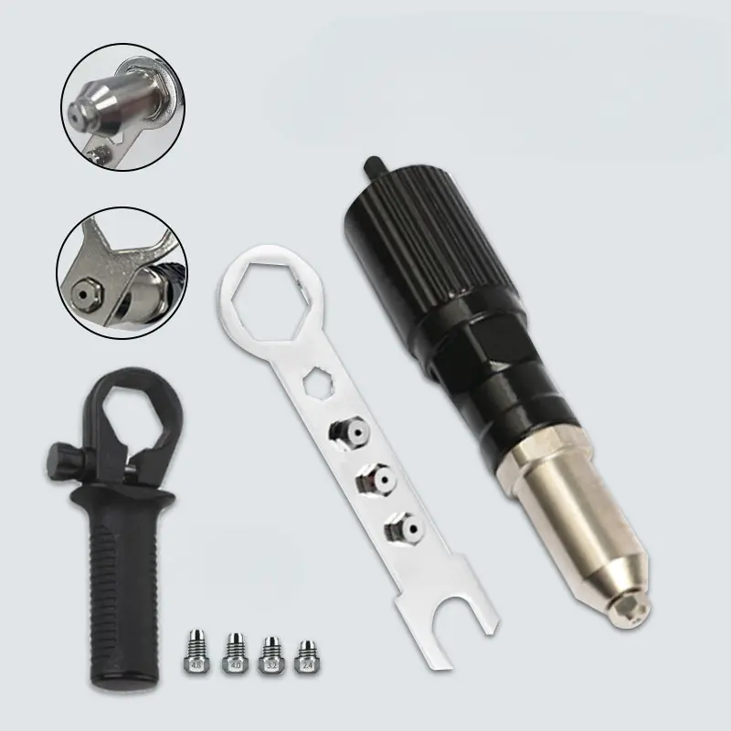 Pop Rivet Gun Adapter Kit, Rivet Drill Attachment with 4 Rivets Heads 2.4mm/3.2mm/4.0mm/4.8mm, Cordless Electric Drill Riveter Insert Nut Tool, Cordless Rivet Gun Power Drill Adaptor Kit