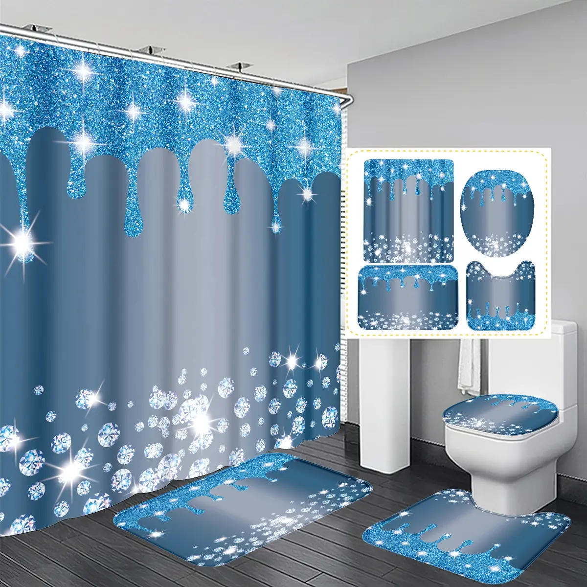 Blue Diamond Glitter Style Curtain Set, Polyester Insulated Bathroom Decor, Includes 12 Hooks, Bath Mat, U-Shaped Pad, Round Toilet Cover Pad