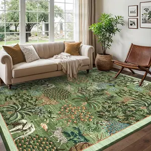 【Christmas Gift】8x10 Runner Rug for Hallway, Washable Floral Throw Rug, Modern Jungle Animal Non Slip Indoor Mat, for Entryway, Laundry, Kitchen, Light Green