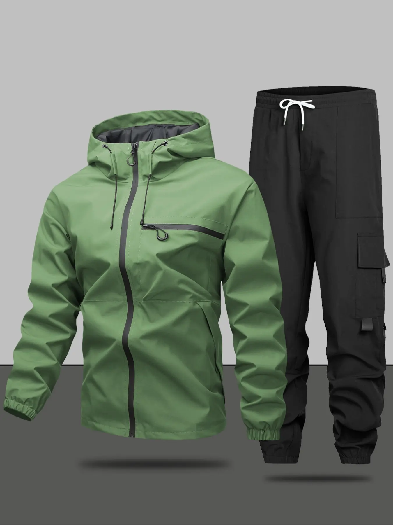 Men's Casual Athletic Activewear Outdoor Jacket Pants Set, Elastic Hooded Zipper Pocket Design, Drawstring Cargo Pants, All Seasons Home & Outdoors Essential, casual sportswear set, Athleisure Tracksuit Set