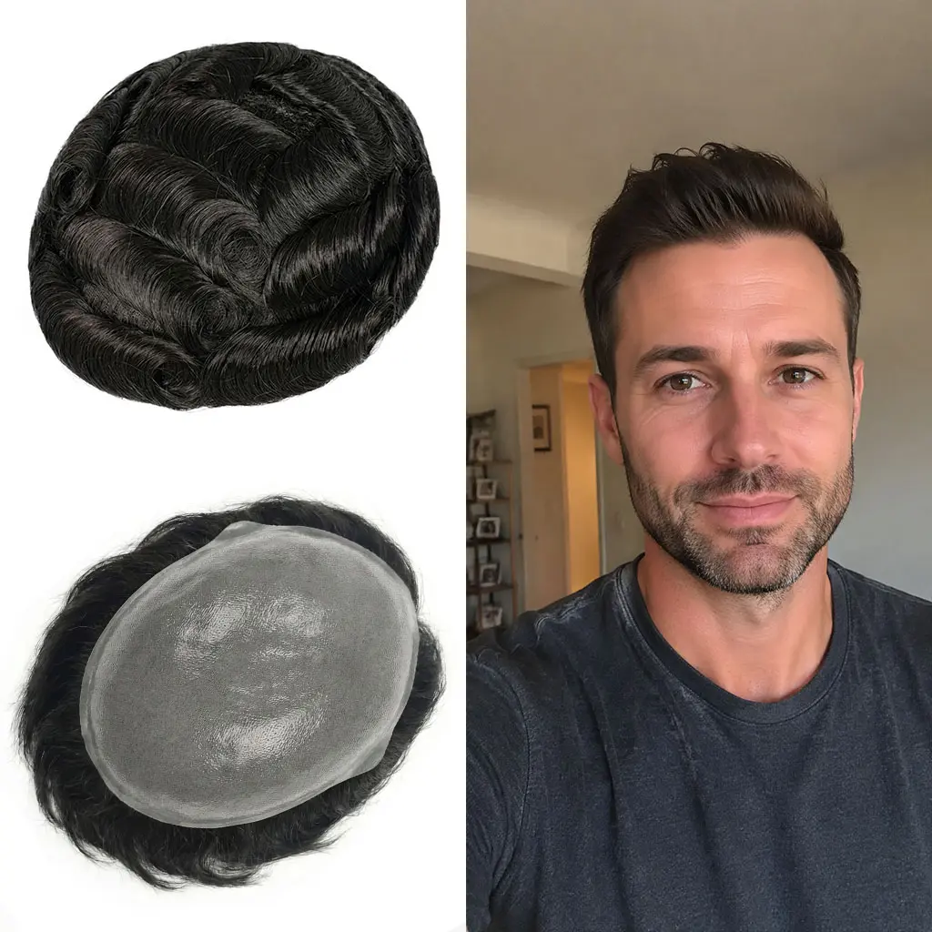 QIANSEE Human Hair Topper for Men, Classic Straight Cut with a Durable 0.06mm PU Base, 100% Human Hair in 1B Natural Black for Active Lifestyles, Natural Looking Hair, Real Human Hair