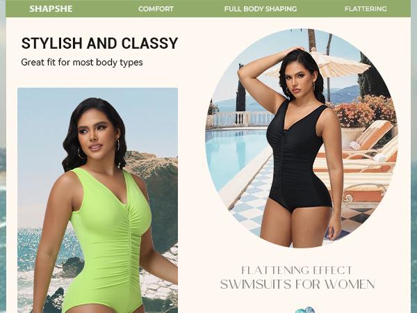 SHAPSHE Women's One Piece Tummy Control Swimsuit Full Coverage Bathing Suit Ruched Modest V Neck Shapewear Swimwear