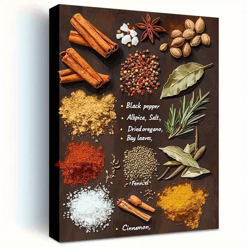 1pc Large Decorative Ethnic Food Poster - Home Supplies, Kitchen Decor - Asian & Global Cuisine Art - Cinnamon, Turmeric, Chili, Ginger, Cumin, Coriander, Fennel, Star Anise - Warm Brown Background, Dining Room