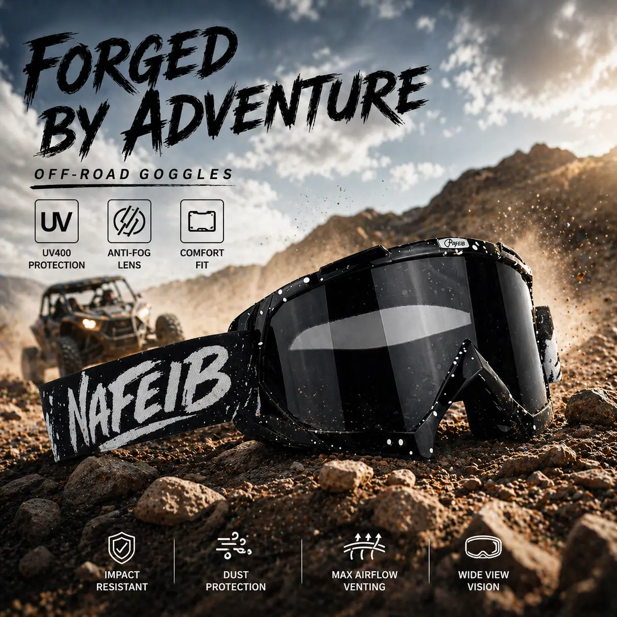 NAFEIB Motorcycle Protective Goggles - TPU Flexible Adjustable Riding Glasses, Motocross Gear, Dirt Bike Accessories with Speed-Optimized Design, Heat Protectant, Comfortable Fit for Unobstructed Vision, Outdoor Riding Goggles