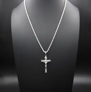 Silver Crucifix Necklace: 3mm French Rope Chain, Rhodium Plated, Unisex, Hypoallergenic, Lifetime Replacement Guarantee