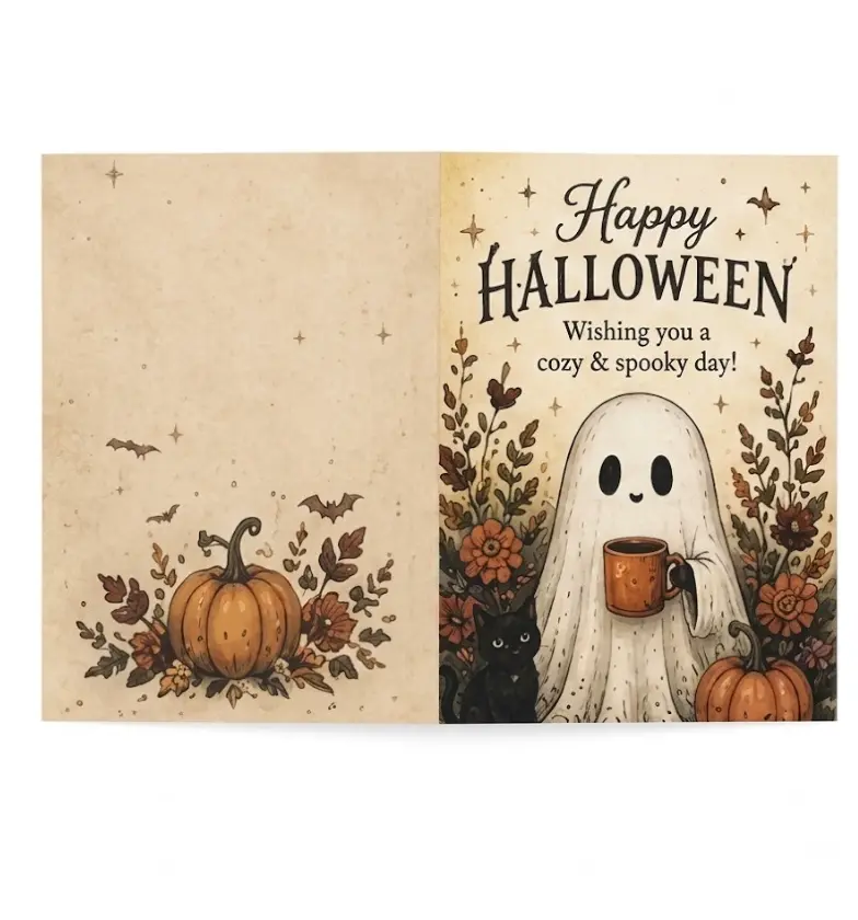 Cozy Spooky Ghost Happy Halloween Greeting Card, Halloween Card