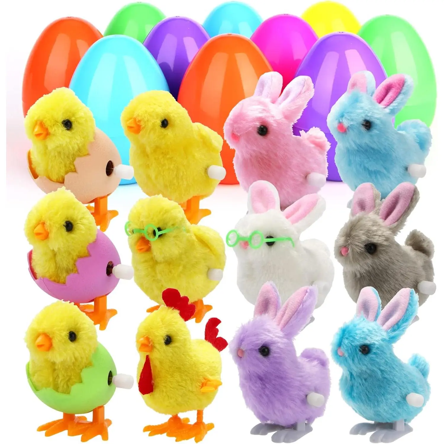 12 Pack Prefilled Easter Eggs with Wind-Up Toys  Plastic Filled for Basket Stuffers Fillers Party Favor Hunt (Chicks &amp; Bunnies)