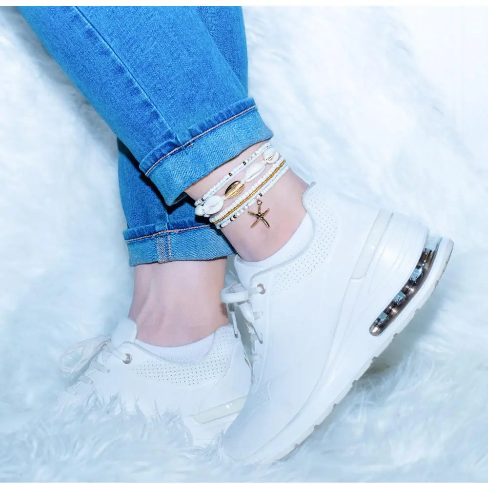 Seashell Dreams Anklet Set - White and Golden (Set of 7)