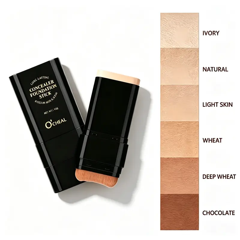 O’CHEAL Dual-End Formula Concealer & Foundation Stick with Built-In Blending Brush - Long Wear Foundation, Waterproof, Transfer-Proof Full Coverage Cream for All Skin Types, 6 Shades (Ivory-Chocolate), 2-in-1 Moisturizing Flawless Finish Cosmetic