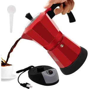 Electric Aluminum Moka Pot 3-6 Cup 270ml Espresso Maker with Detachable Base Ideal for Home Brewing Italian and Cuban Café Coffee Red