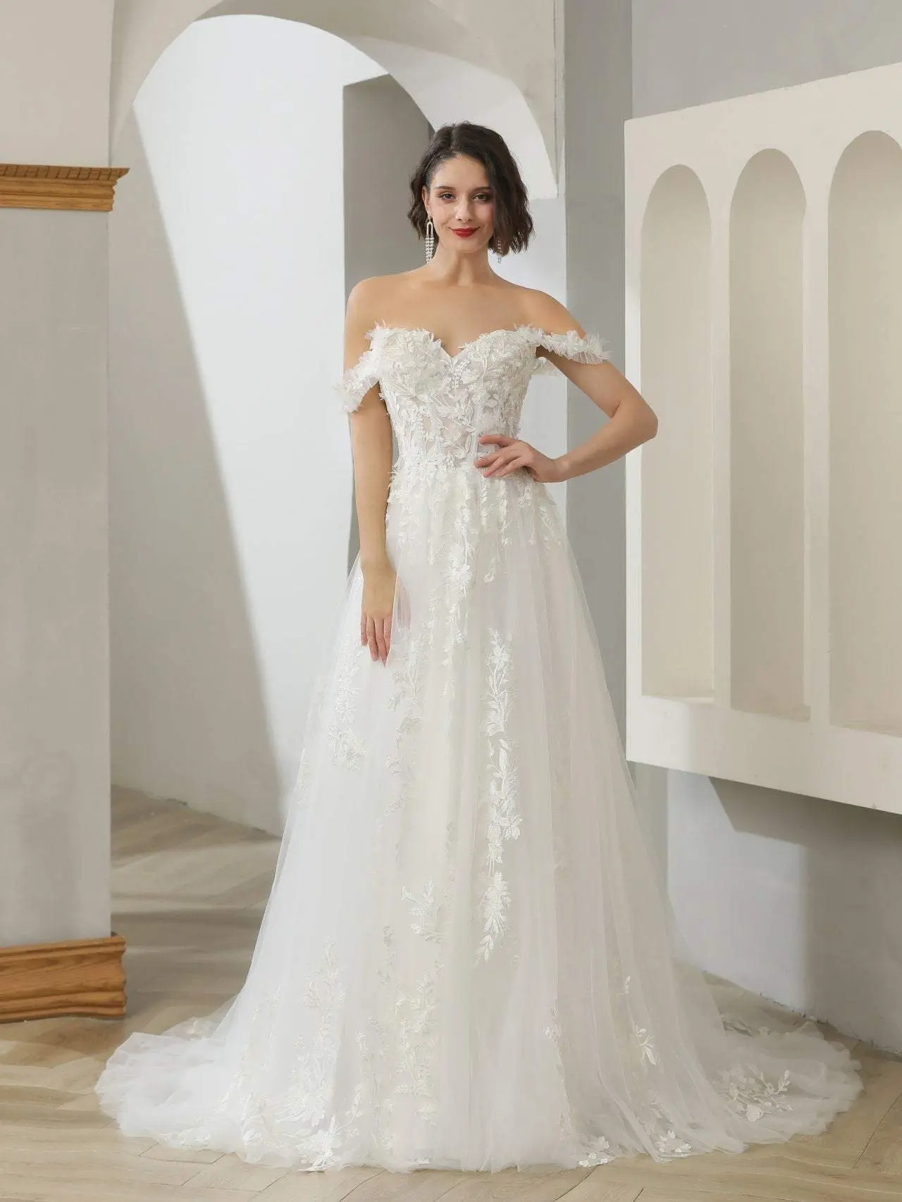 Elegant A-Line Formal Wedding Gown with Tulle Overlay, Off-Shoulder 3D Floral Lace Bodice, Sheer Details and Pearl Beads for Women, Tulle Overlay Dress