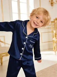 Boys' Long Sleeve Sleepwear Set, Soft Satin Pajamas, Embroidered Letter Design, Casual Home Wear, Fitted Style, 2-Piece Suit