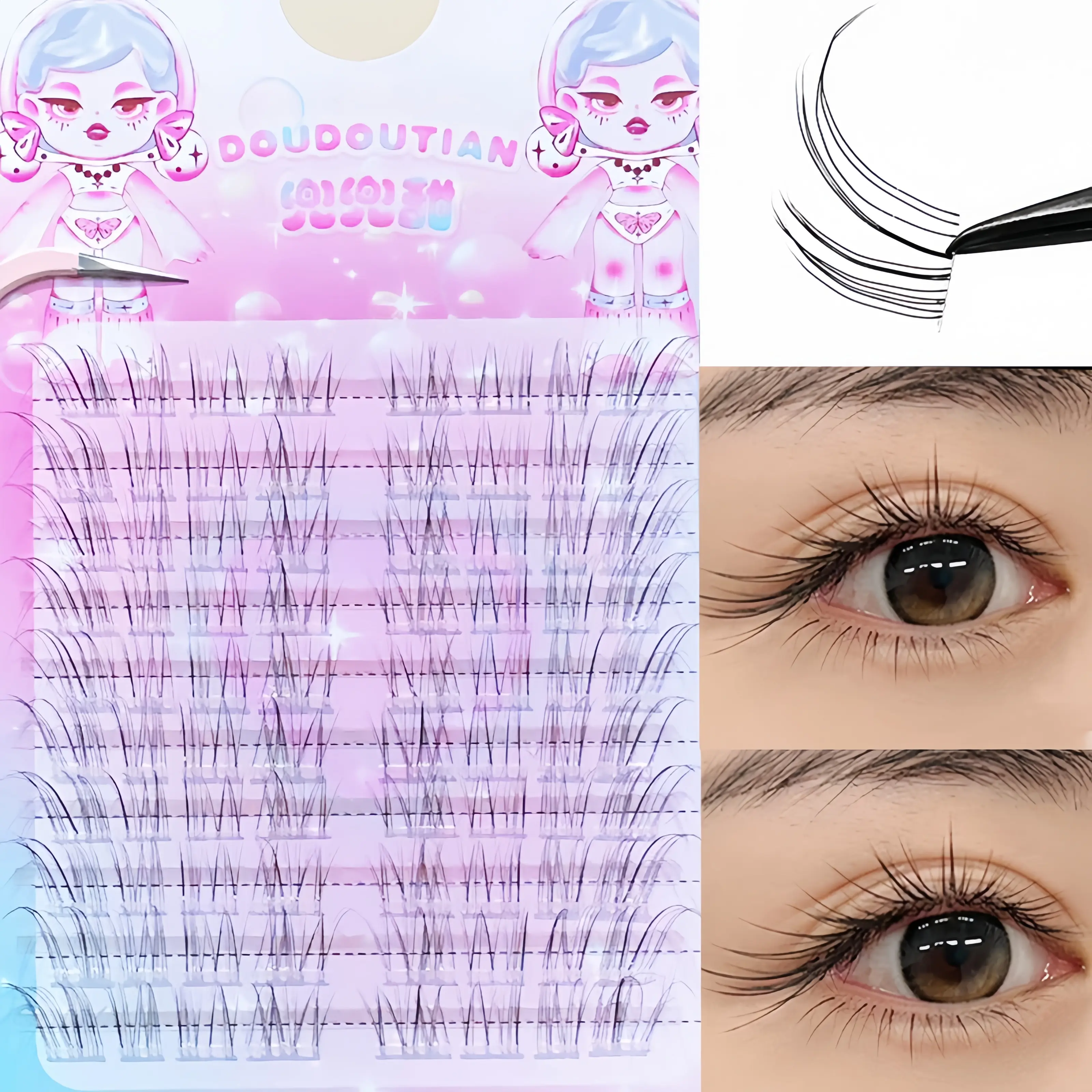 DOUDOUTIAN Transparent Breathable Slanted Fox-Eye False Eyelashes, 80 Clusters, Individual Clusters DIY Lazy-Friendly D-Curl Natural Realistic Photogenic Daily Use Segmented Extension Clusters Simulation Eyelashes for Beginners, Length 10mm-14mm