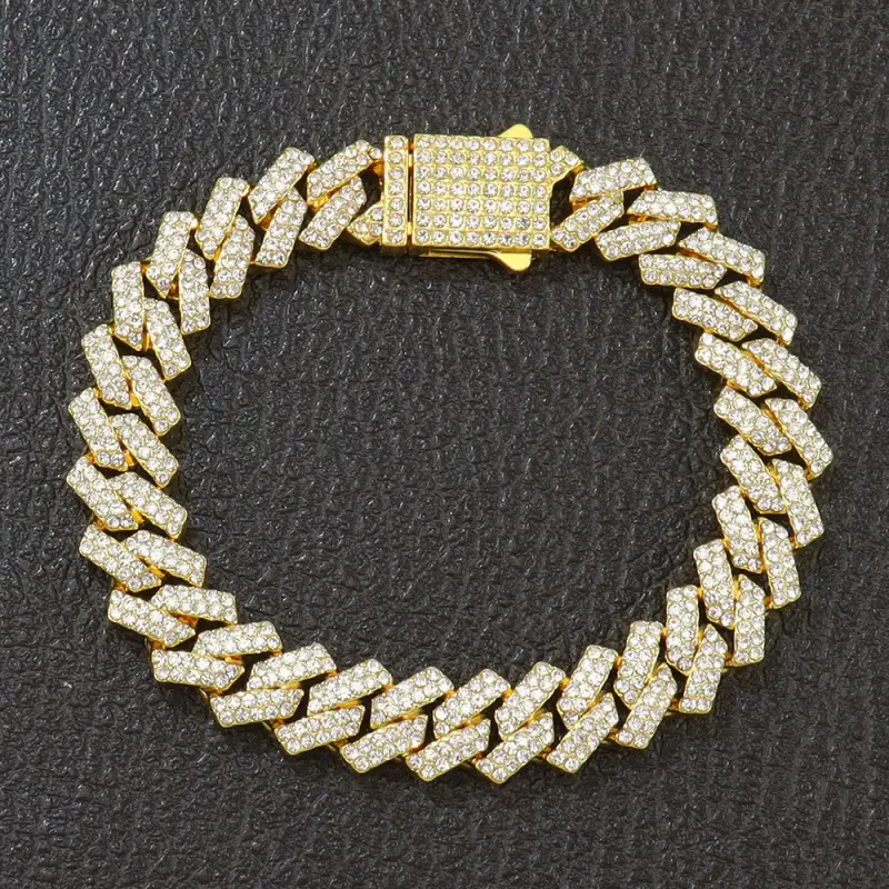 Unisex Full Iced Cuban Link Bangle - Premium Hip Hop Gold/Silver Plated Costume Jewelry, 7-9in Geometric Cuban Bracelets for Daily Wear, Chunky Link Bracelet, Fashionable Bangles, Link Chain Bracelet, Gold Plated