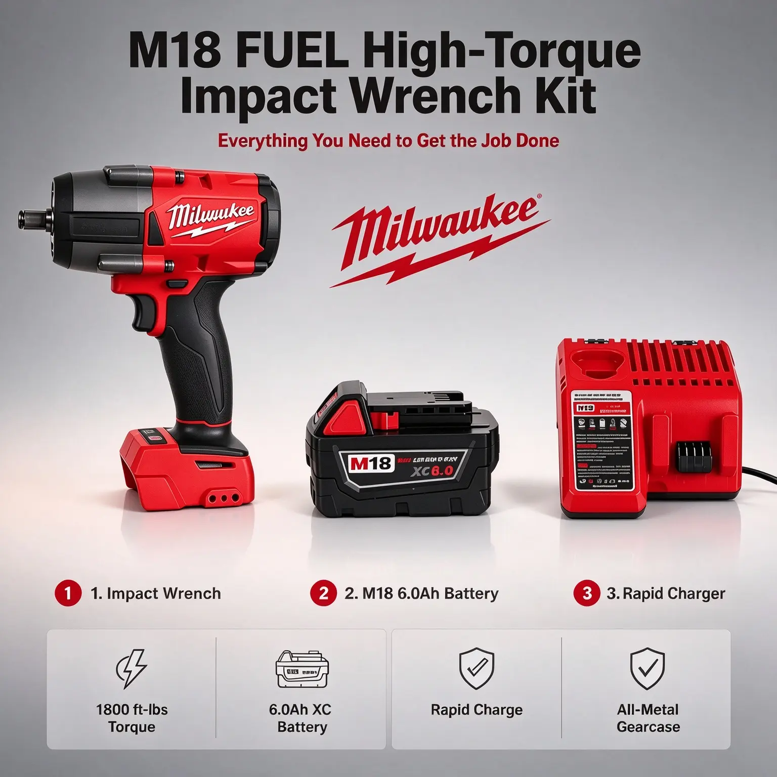 Milwaukee M18 1000NM Cordless Impact Wrench Kit, High Torque 1800 ft-lbs, 6.0Ah Battery & Fast Charger for Car Tire Repair & Professional Mechanics