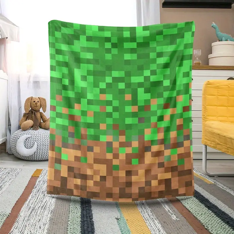 PAUSEBOLL Pixel Art Blanket Soft & Warm Pixel Block Grass Print Flannel Blanket | Polyester Knit, All-Season Comfort, Ideal for Bedding, Sofa, Office, and Outdoor Use, Perfect Gift for Family and Friends